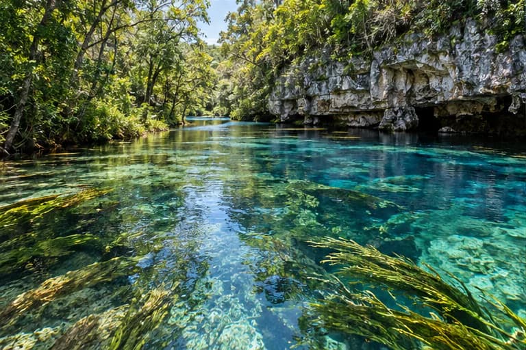 Rio de água transparente atravessando a mata em Bonito
