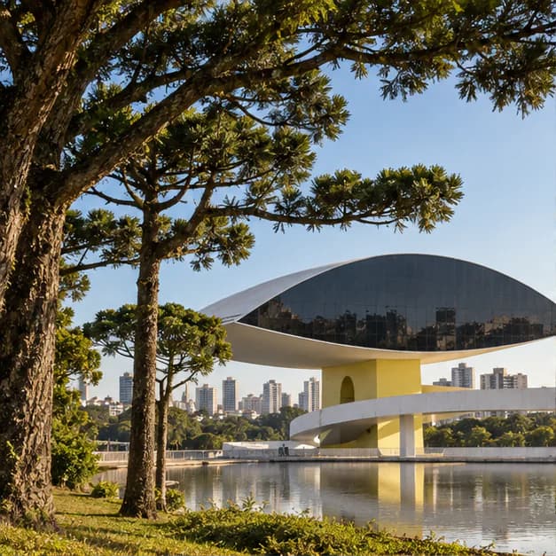 Museu Oscar Niemeyer entre árvores e jardins em Curitiba