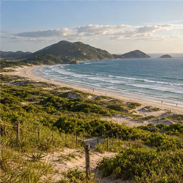 Praia, dunas e morros verdes em Florianópolis