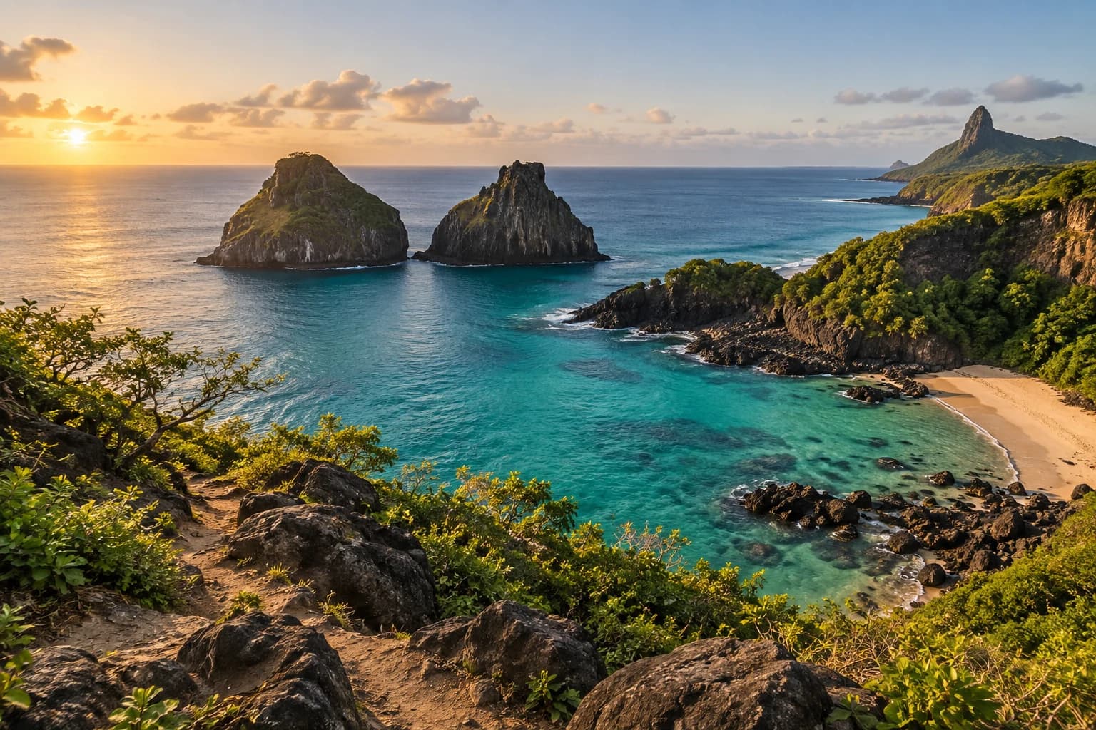Enseada vulcânica de águas azul-esverdeadas ao nascer do sol