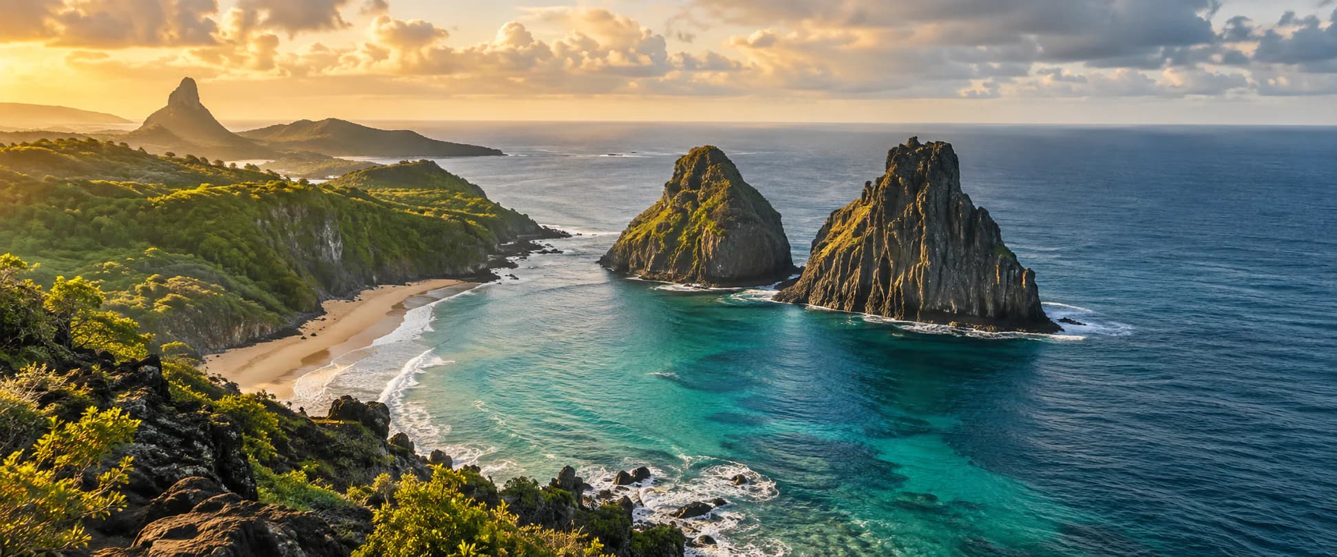 Vista aérea editorial de Fernando de Noronha com mar, praia e formações rochosas