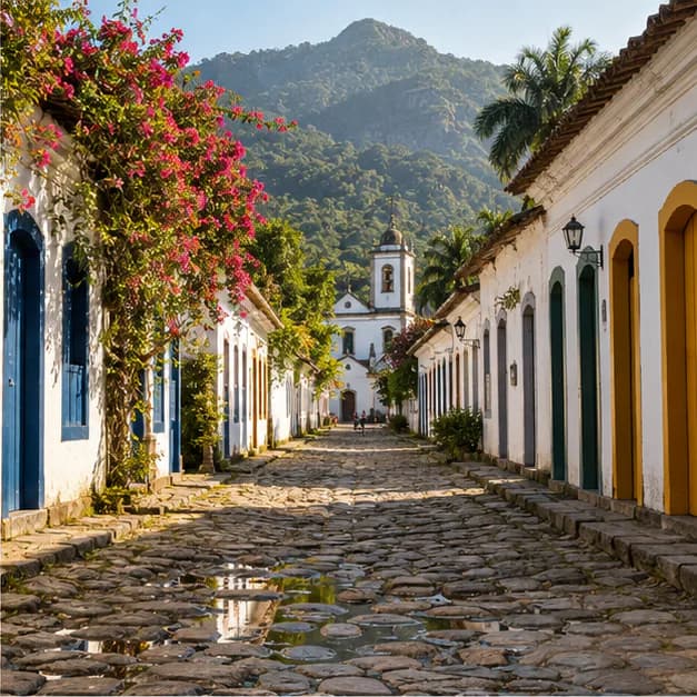 Rua de pedra e casario colonial no centro histórico de Paraty