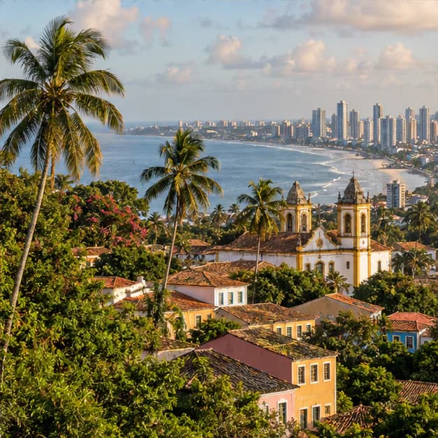 Casario e igrejas de Olinda com o litoral do Recife ao fundo