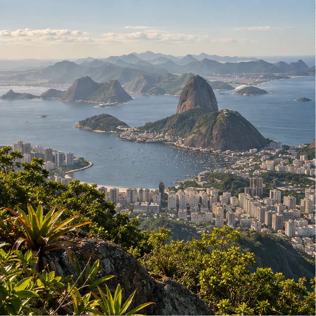 Baía, montanhas e bairros do Rio de Janeiro vistos do alto